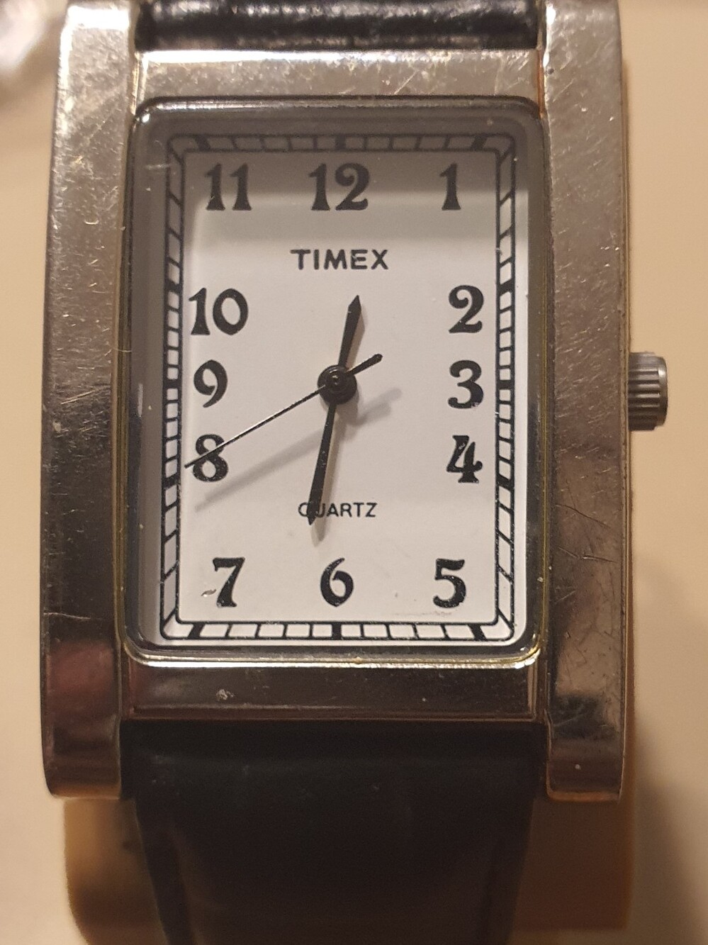 Timex Silver Case White Dial Black Leather Strap Watch